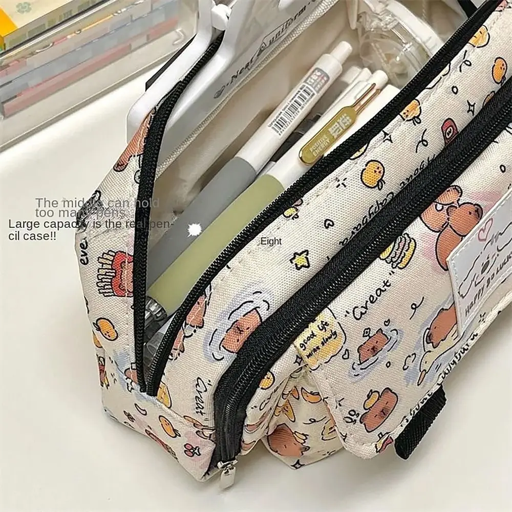 Capybara Cartoon Print Pencil Case Flip Over Large Capacity Pen Bag Multi-functional Stationery Storage Pouch