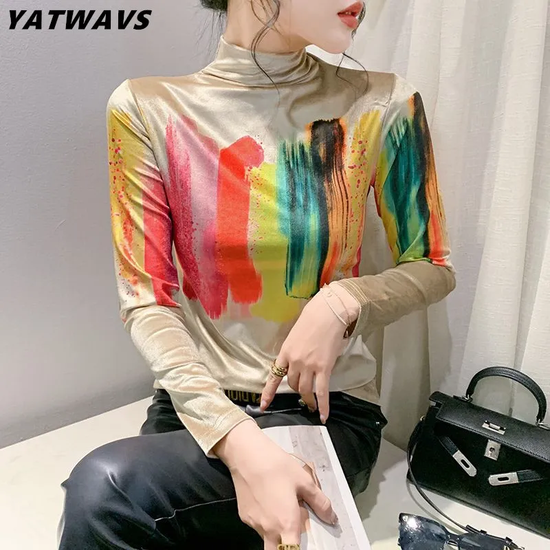 

S-4XL Elegant Turtleneck Women's Vintage Geometry Print T-shirt Runway Chic Long Sleeve Tees New Fashion Office Lady Casual Tops