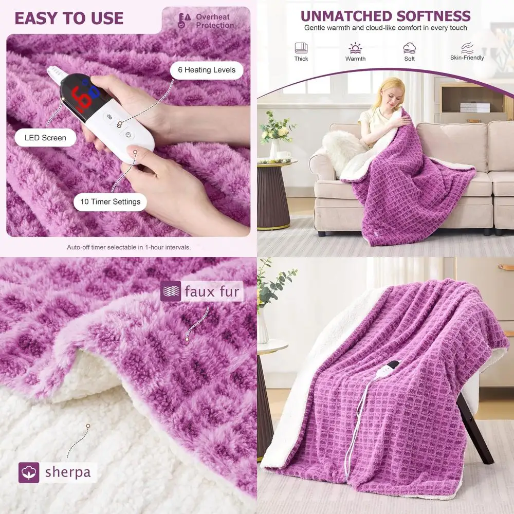 

Электрическое одеяло с подогревом, 6 уровней нагрева, 10 режимов таймера, машинная стирка, мягкое искусственное меховое покрытие и шерпа, быстрый нагрев, идеальное решение