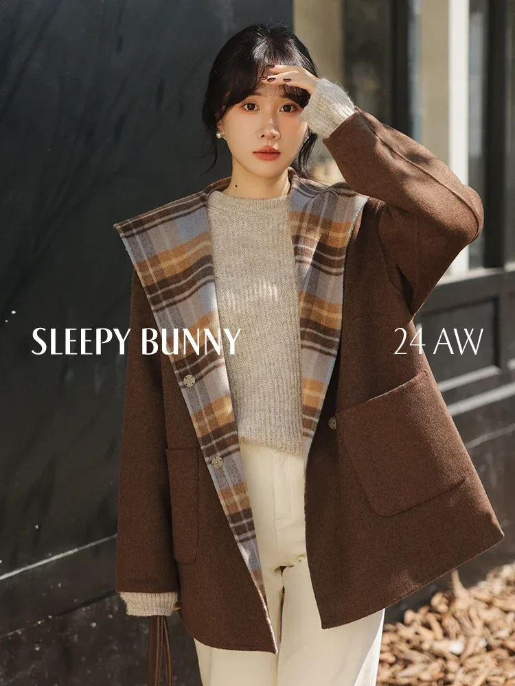 Reversible Wool Plaid Hooded Coat Women Winter Casual Loose Double-Faced Overcoat Elegant Warm Fashion Outerwear 2025 Trend