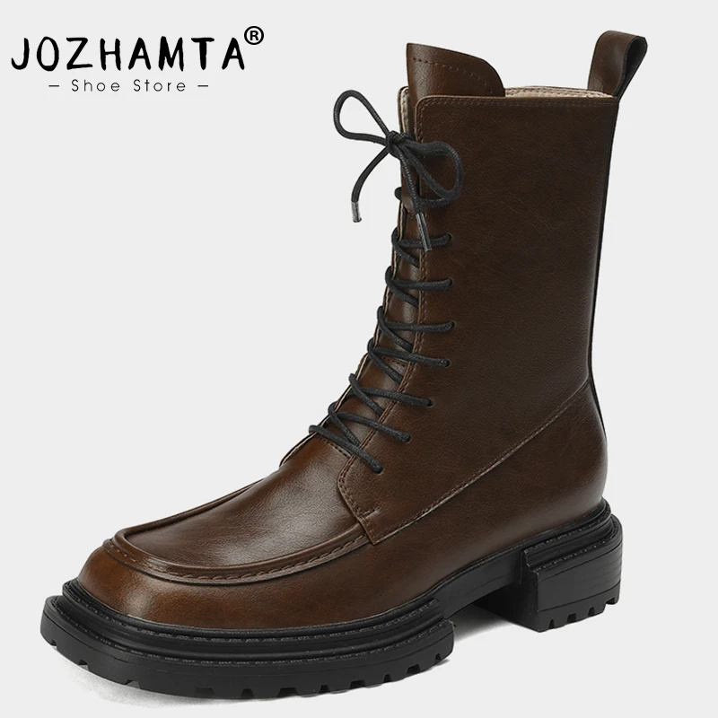 JOZHAMTA Size 34-40 Women Ankle Boots Genuine Leather Retro Thick Heels Winter Shoes For Women Casual Office Platform Booties