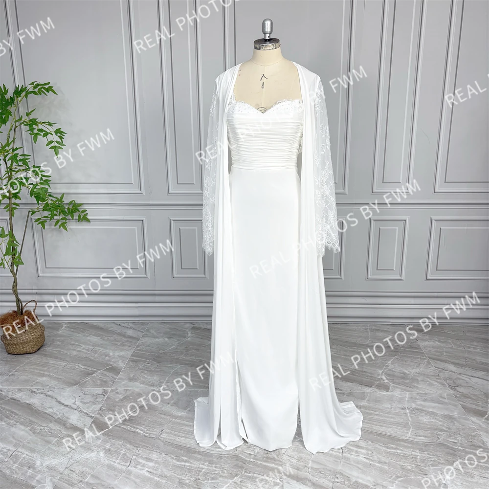 Elegante túnica de noiva com renda de duas peças para casamento, mangas sexy, tule macio, vestido de banho nupcial para mulheres, vestido de noite