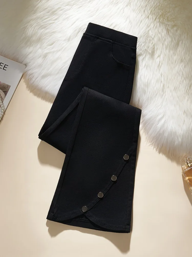 

Джинсы-клеш с высокой талией для женщин больших размеров, джинсовые брюки с металлической пряжкой, скрывающие недостатки фигуры, универсальные повседневные брюки больших размеров