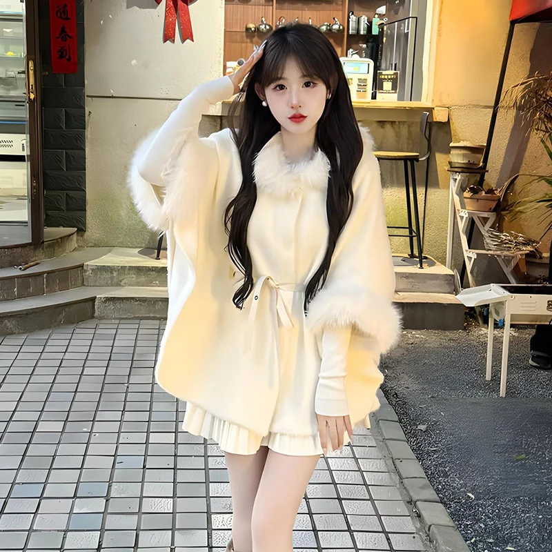 

Нежные накидки с меховым воротником в японском стиле, женские осенне-зимние однотонные свободные повседневные милые пальто на шнуровке, милая элегантная женская верхняя одежда
