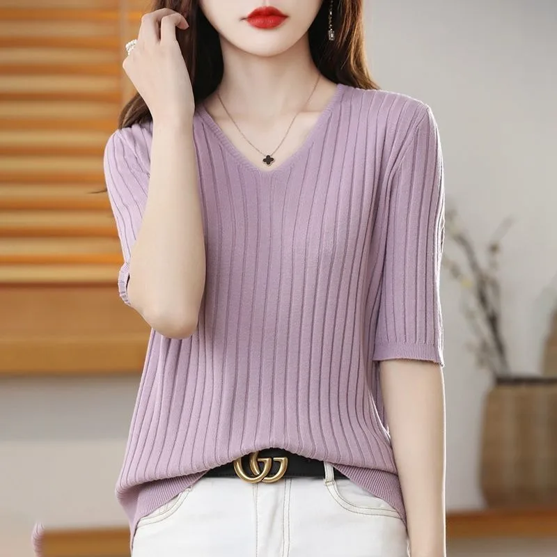 Elegant V-neck Pullover Sweater Spring Summer Ribbed Short Sleeve Top Solid Color Basic Korean Fashion Style Women Clothing