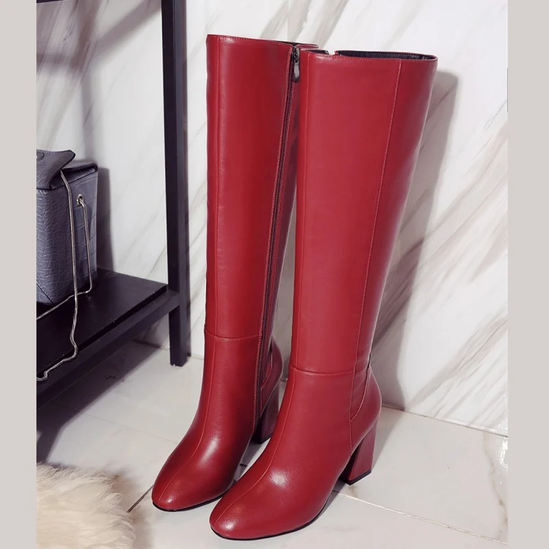 موضة الشتاء الأحمر المرأة حذاء برقبة للركبة بولي Leather كتلة جلدية عالية الكعب طويل القامة التمهيد الإناث سستة السيدات أحذية سوداء أنيقة #3