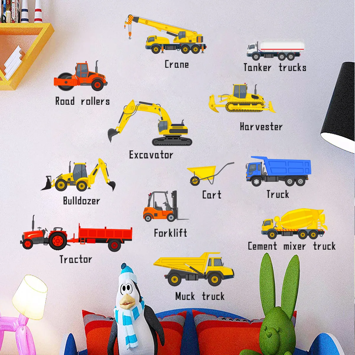 30*90cm Excavator Engineering Car Cartoon Wall Sticker Background Wall Children's Room Living Room Decorative Mural Wall Sticker