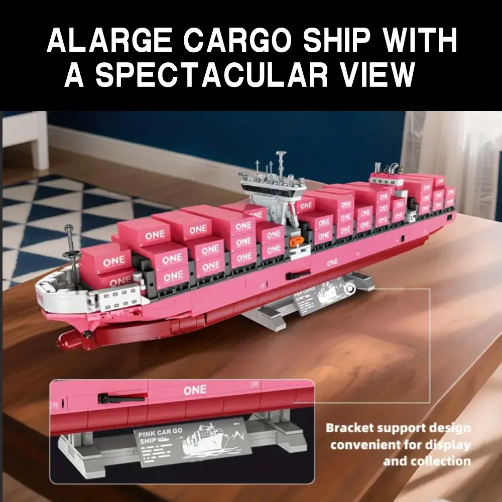 Creative Bricks Puzzle Pink Cargo Ship Container Boat  Model MOC Kits Vessels Building Blocks Toys Adult Birthday Gifts 1446Pcs view 4
