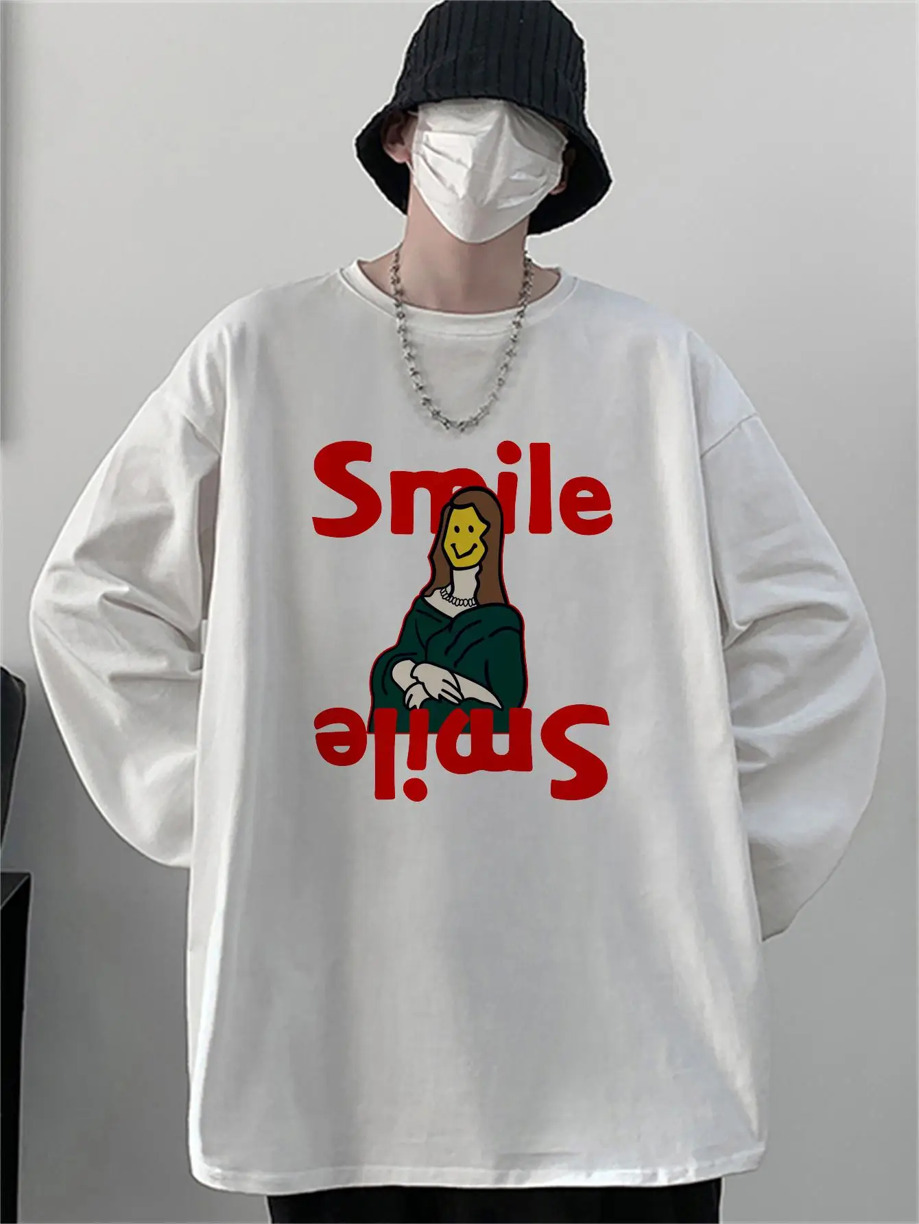 Smile Women Print Men T-shirts Fashion Loose Casual Clothing Long Sleeve Kpop O-neck Male Tops Unisex Pure Cotton Tshirts