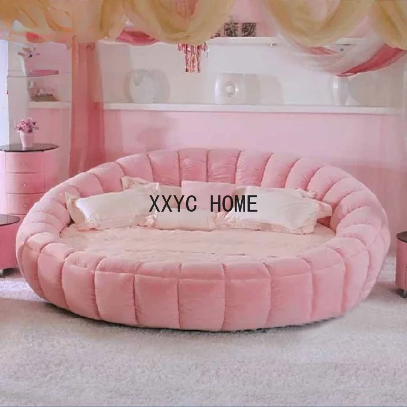 

Fabric Pumpkin round Bed Double Pink Princess Bed Removable and Washable