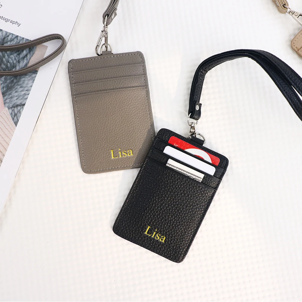 اسم مخصص حامل بطاقة العمل الجلدية متعددة الوظائف، الحبل للرجال والنساء، بطاقة الائتمان، بطاقة الهوية، حامل بطاقة المحفظة #3