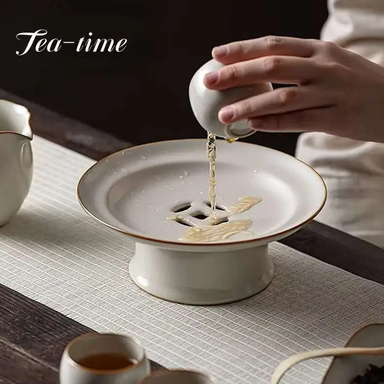 

Retro Ru Kiln Ceramic Drain Snack Fruit Plate Porcelain Ramadan Tall Foot Tray Dessert Stand Candy Dish Pot Bearing Holder Tools