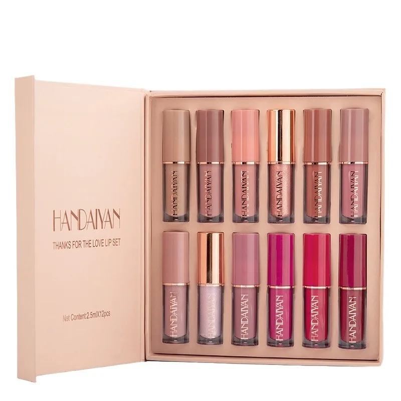 HANDAIYAN 12 Colors Matte Pearlescent Fine Shimmer Lip Glaze Waterproof Transfer-resistant Non-stain Cup Liquid Lipstick Set