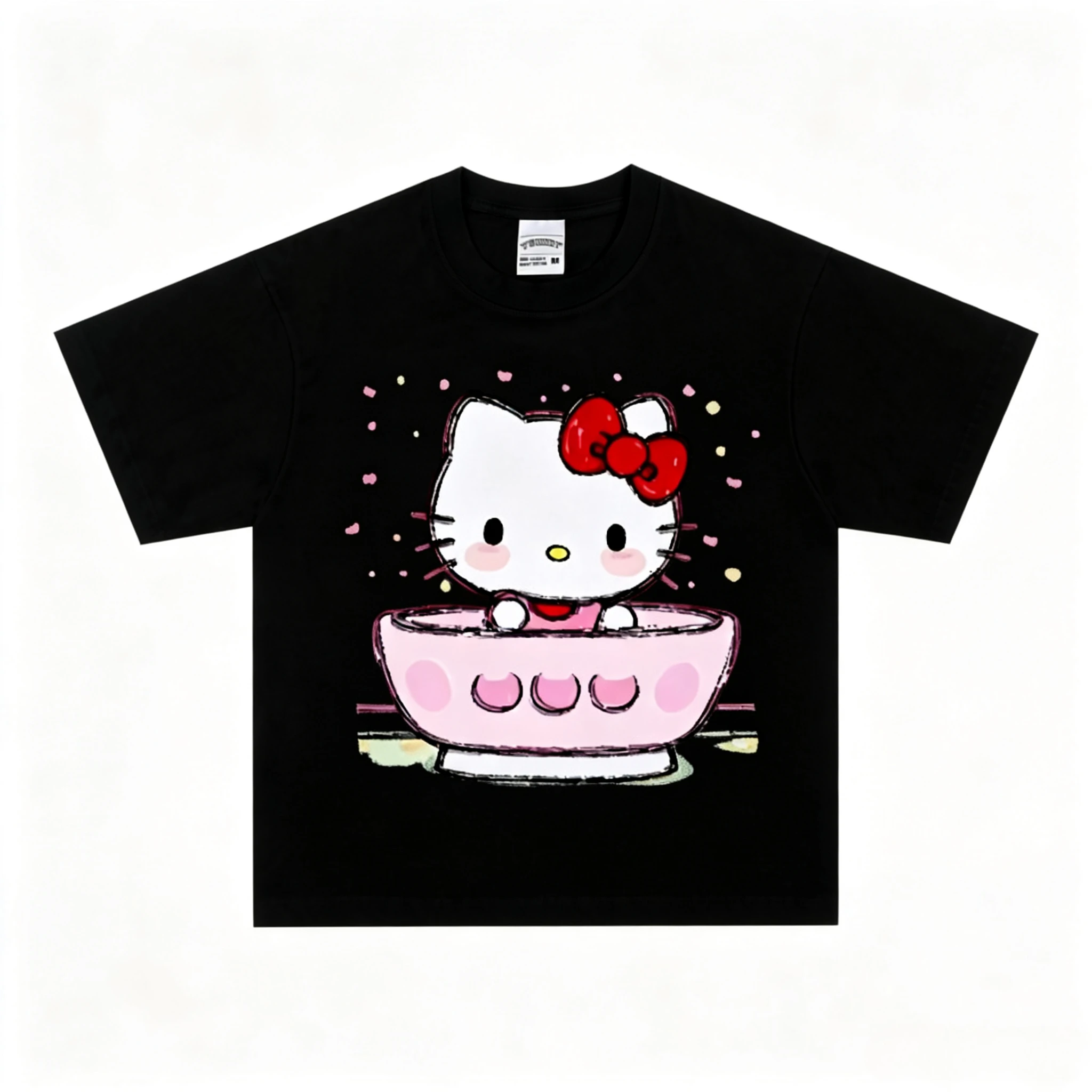 Summer New Hello Kitty Cat-shaped Rotating Cup Cute T-shirt Fun Couple Short-sleeved T-shirt for Women and Men