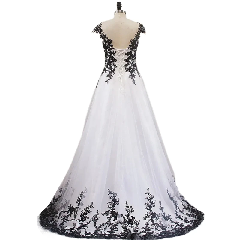 Schwarz Und Weiß Hochzeit Kleid Lange Gothic Brautkleider Spitze Applique V-ausschnitt Korsett Plus Größe Brautkleider Sweep Zug 2023