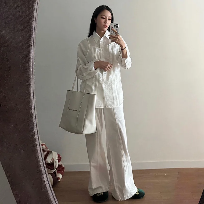 

Elegant Folded Collar Tunic Top with Belt Long Sleeve Commute Style Korean Version Slimming Pure Color Women's Shirt