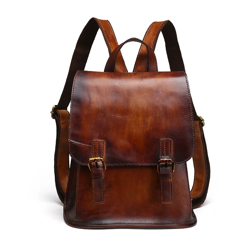 Vintage Genuine Leather Backpack Women Real Cow Leather Bagpack Brown Ladies Cowhide Double Shoulder Bag