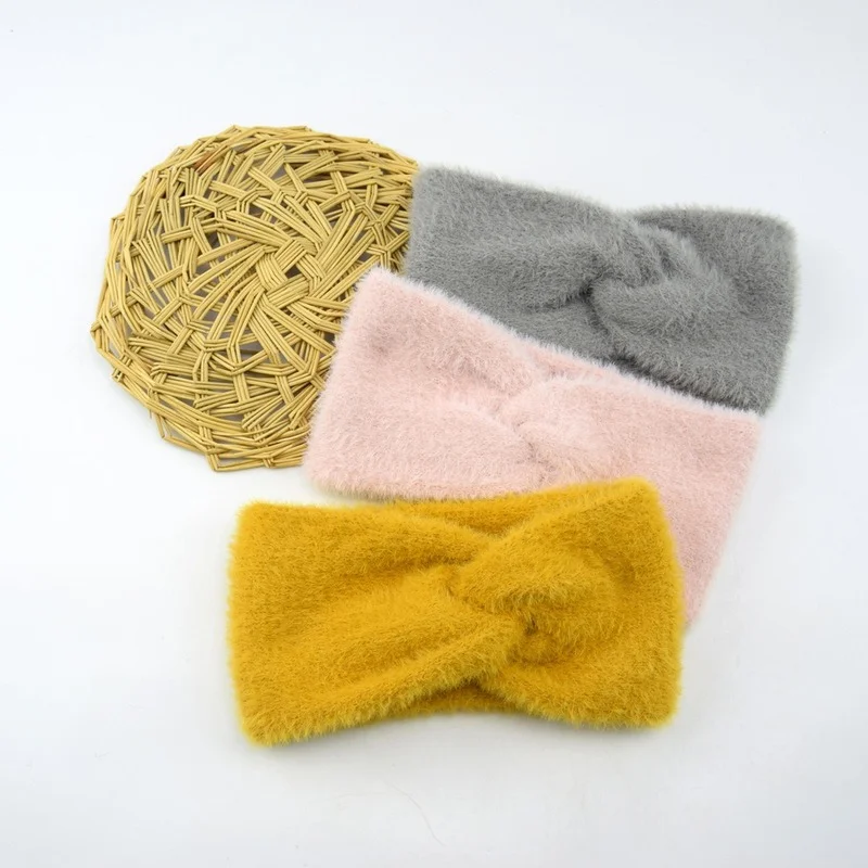 Winter Warm Plush Cross Headbands for Women Girls Soft Wide Imitation Mink Fur Knot Hairbands Turbans Ladies Hair Accessories