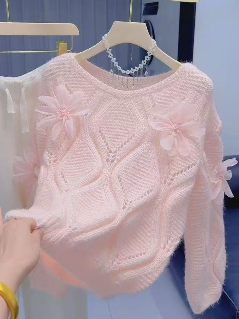 Süßer SLE-Strickpullover mit 3D-Blumendesign für Damen, weich, gemütlich, V-Ne Long Sve Winter, Neuankömmling, lässig, Faion