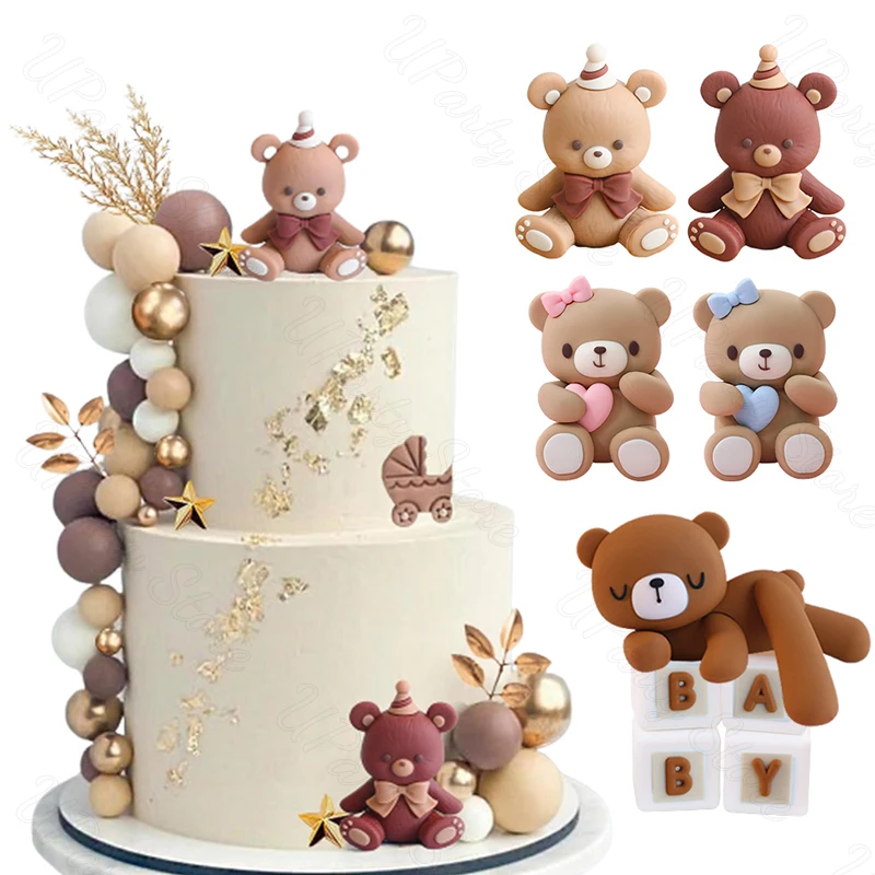 Brown Bear Cake Toppers Happy Birthday Boho Brown BABY Cubes Bear Cake Topper for Birthday Baby Shower Party Cake Deocrations