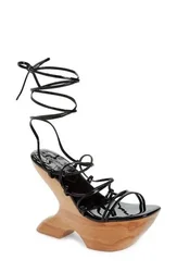 Wooden Strange Style Lace Up Sandals Black Patent Leather Runway 2024 Summer Women Dress Shoes Custom Made Shoes