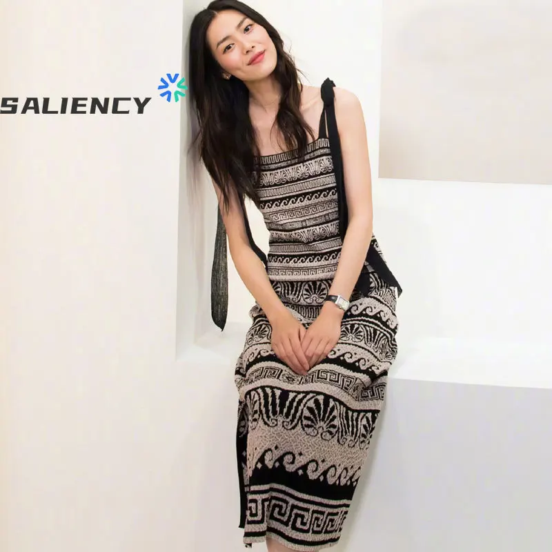 

Liu Wen's Same Retro Knitted Sling Dress Female Lace Strapless Slim Sexy Bag Hip Over The Knee Long Skirt Split Holiday Dresses