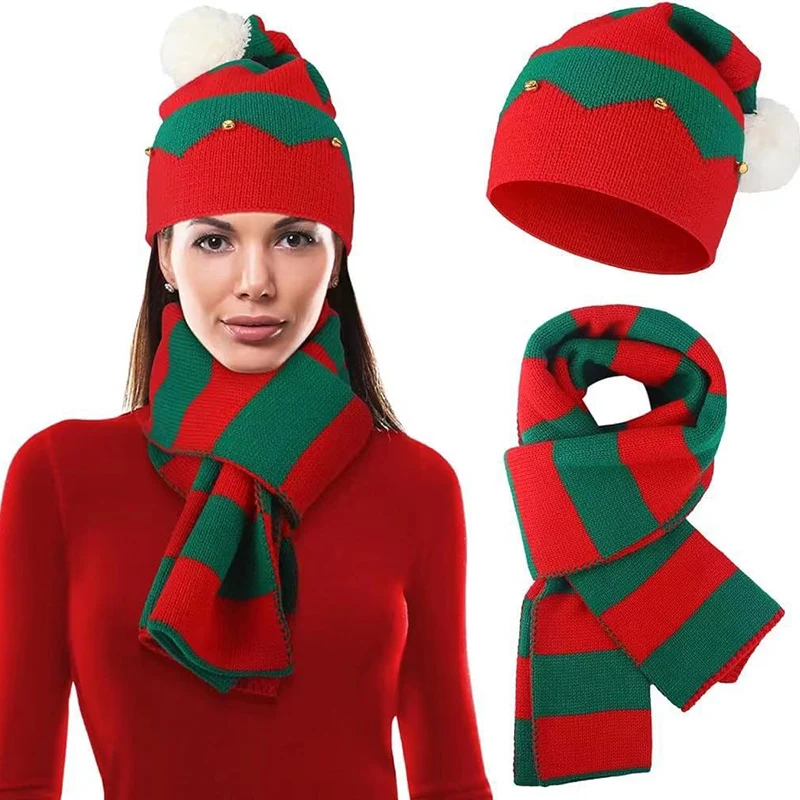 New Christmas Knitted Hat Scarf Set Bell Decoration Set Headcap Red Atmosphere Striped Knitted Hat Christmas Gift