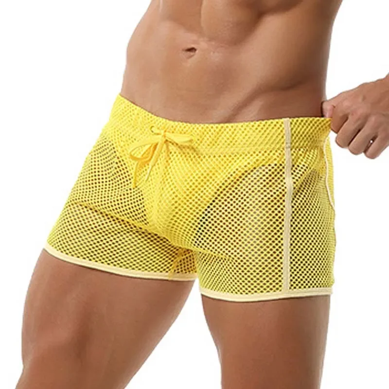 Mens Sexy Shorts See Through Mesh Boxer Shorts Translucent Boxers Erotic Shorts With Drawstring Man Sleeping Underwear