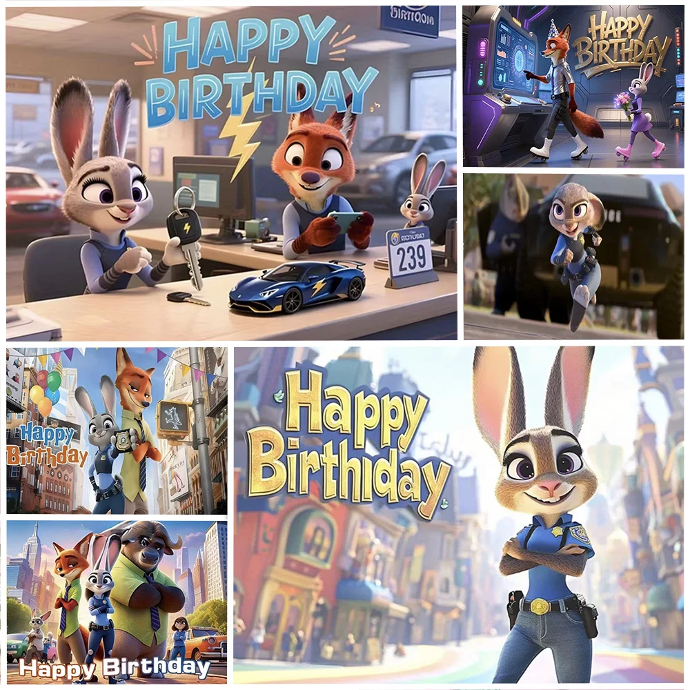 

Disney Zootopia Judy Rabbit And Nick Fox Birthday Party Background Decoration Supplies Cartoon Baby Shower Backdrop Photo Props