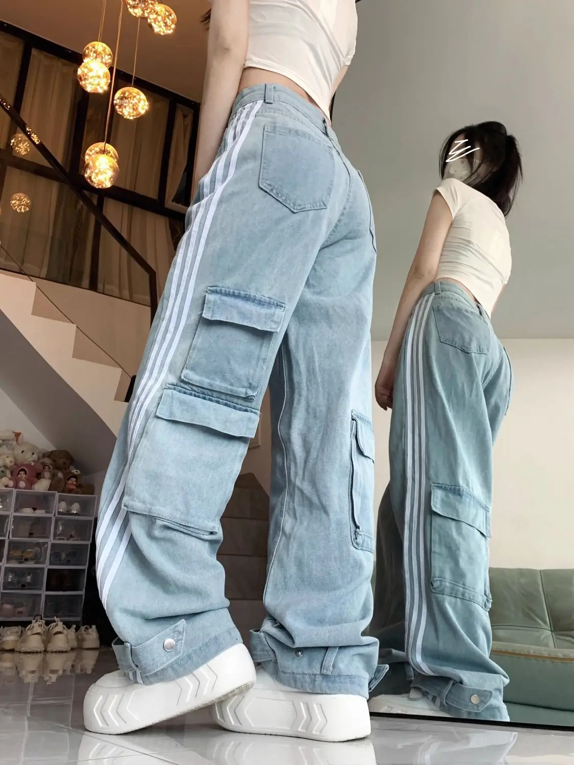 

Jeans Striped Multiple Pockets Spring Summer Pant Women High Waist Fashion Korean Style Trousers Loose Pleated Wide Leg Pants