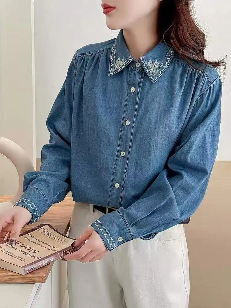 2027 Women's stylish blouses designer denim shirts bohemian women Harajuku fashion embroidered jean blouses view 3