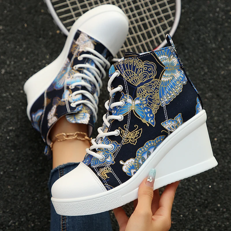 

Fashion Butterfly Print Wedge Sneakers for Women Lightweight High Top Canvas Shoes Woman Comfort Lace Up Casual Walking Shoes