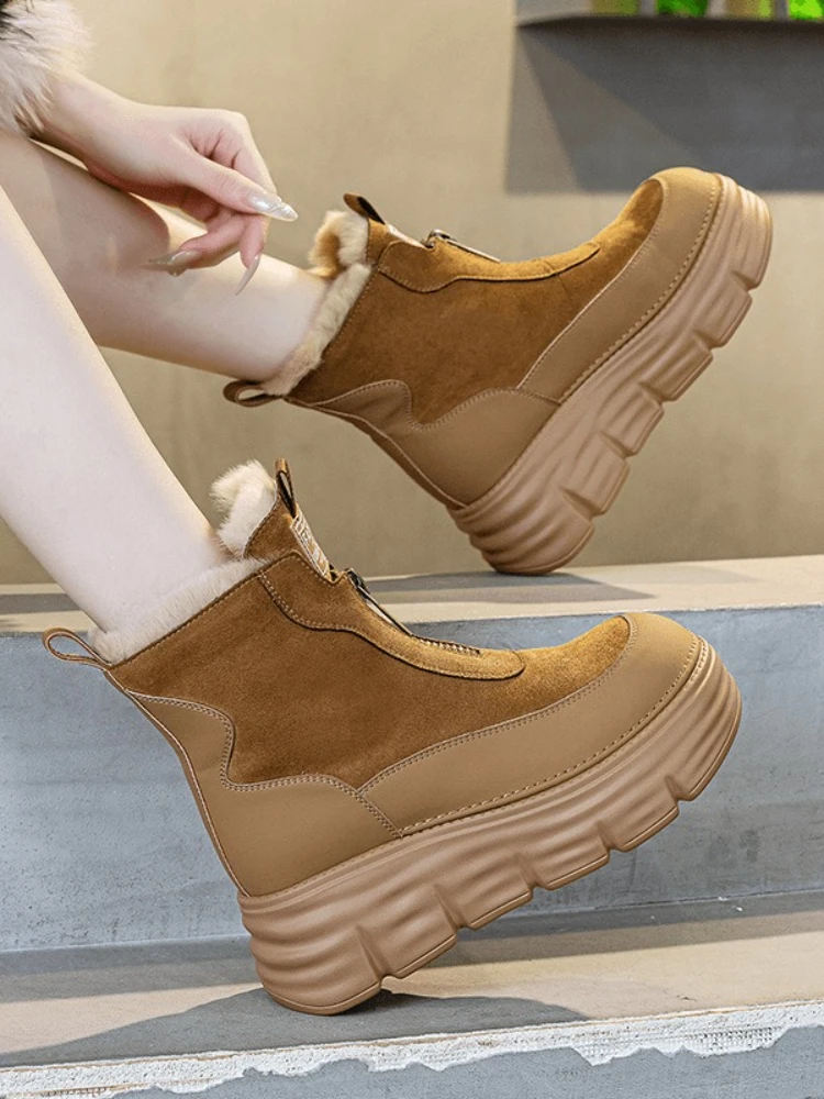 Fujin 6 سنتيمتر 2 بوصة منصة كعب النساء الثلوج الأحذية جلد الغزال حذاء من الجلد الجوارب مقاوم للماء مريحة الشتاء الدافئ الجوارب