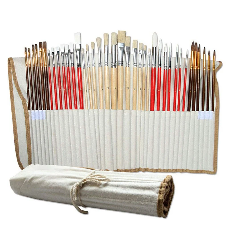 38Pcs Brush Painting Watercolor Varnish Rod Pig Bristle Oil Painting Drawing Pen Nylon Wood Brush With Canvas Bag Set