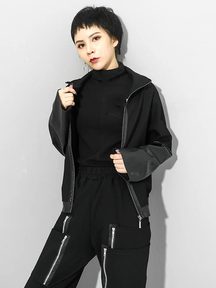 [EAM] Loose Fit Black Pu Leather Zipper Casual Sweatshirt New Turtleneck Long Sleeve Women Big Size Fashion Autumn 2024 1DF4790