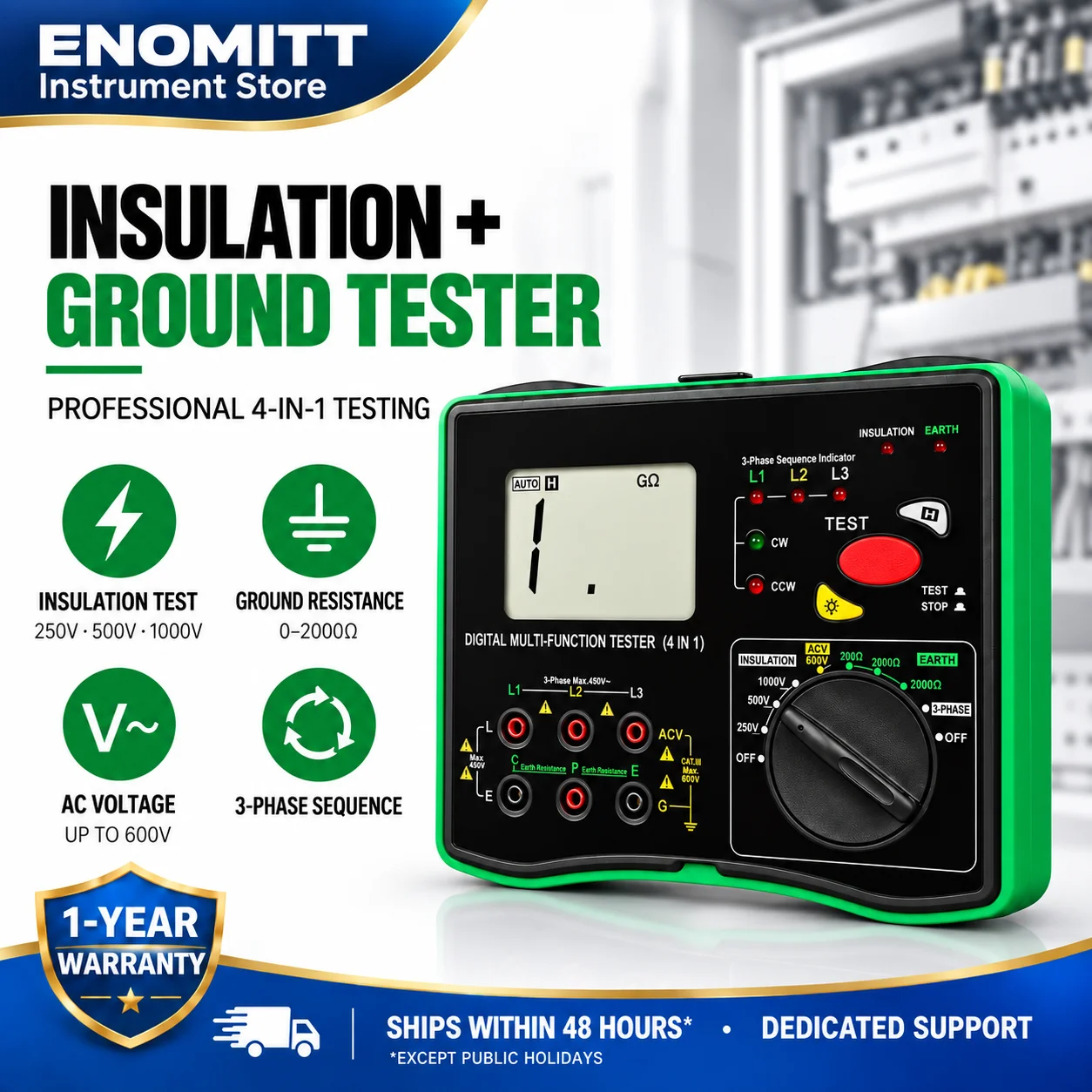 Earth Resistance Meter, 20GΩ Megohmeter Voltmeter Sequence Detector Phase 4in1 Multimeter, Earth Insulation Resistance Tester
