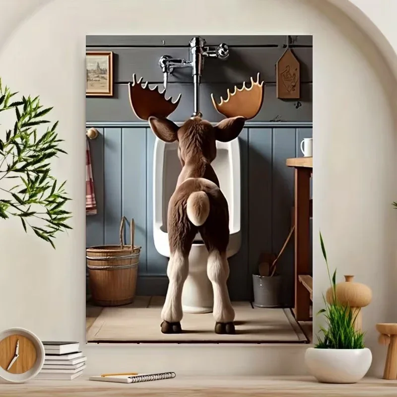 Multiple sizes 1pc frameless Canvas Painting,Funny Moose Bathroom Toilet Humor Poster and Prints Canvas Painting Wall Art Pictur