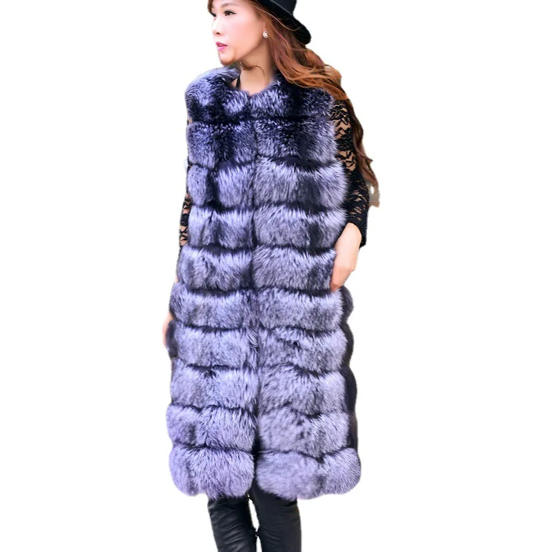 High Quality Real Silver Fox Hair Plus Long Vest Fox Fur Plus Long Women Coat