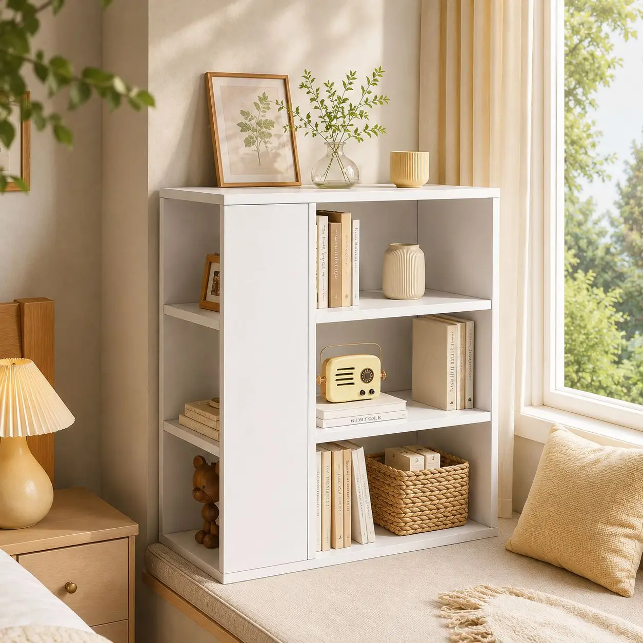 AOLIVIYA Bay Window Bookcase Cabinet Library Shelves Desk Bookshelf Floor Storage Rack Living Room Display Organizer Stand