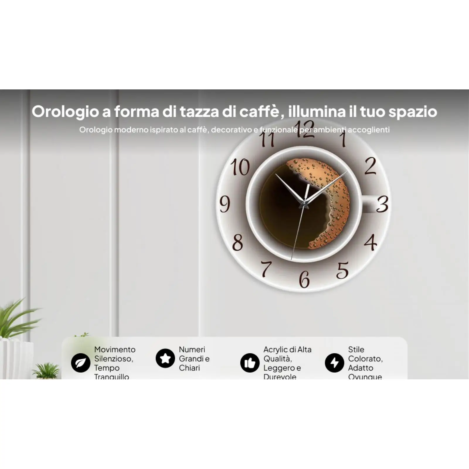 Silent Wall Clock Coffee Cup Design 12 Inch Acrylic Round Hanging Kitchen Decor Modern Art for Living Room Bedroom Home