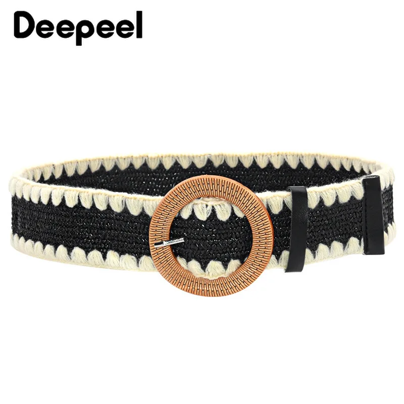 Deepeel 5x100cm Vintage Boho Ceinture Tressée Femmes Dentelle Large Ceinture Boucle En Bois Faux Paille Décor Ceintures pour Robe Manteau Ceintures