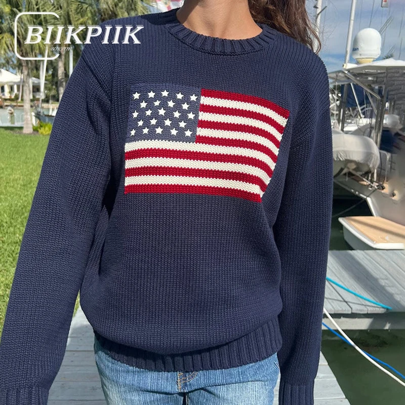 BIIKPIIK Flag Casual Sweater Streetwear O-neck Full Sleeve Pullovers Autumn Winter All-match Women Sweater Simple Basic Pullover