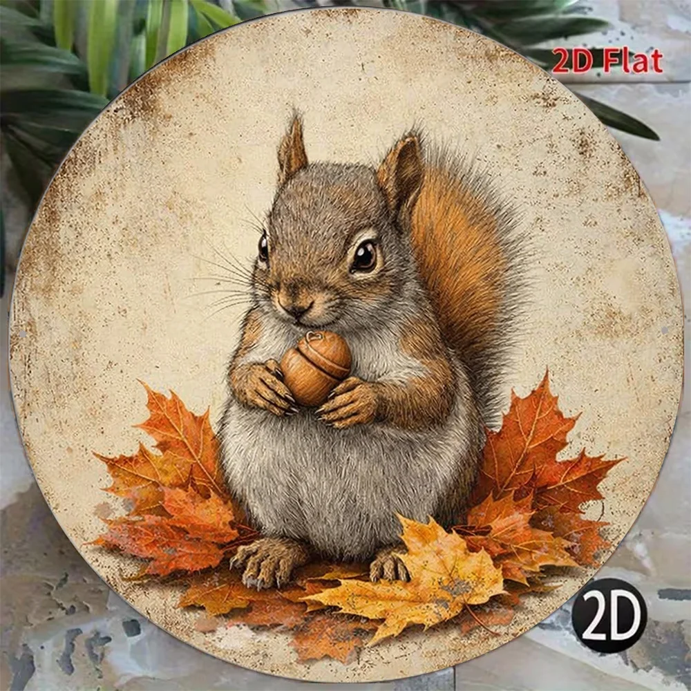 1pc 2D Flat Round Wooden Sign, Retro Decorative Plaque about Squirrels And Acorns, Autumn Falling Leaves Theme Sign, Suitable fo