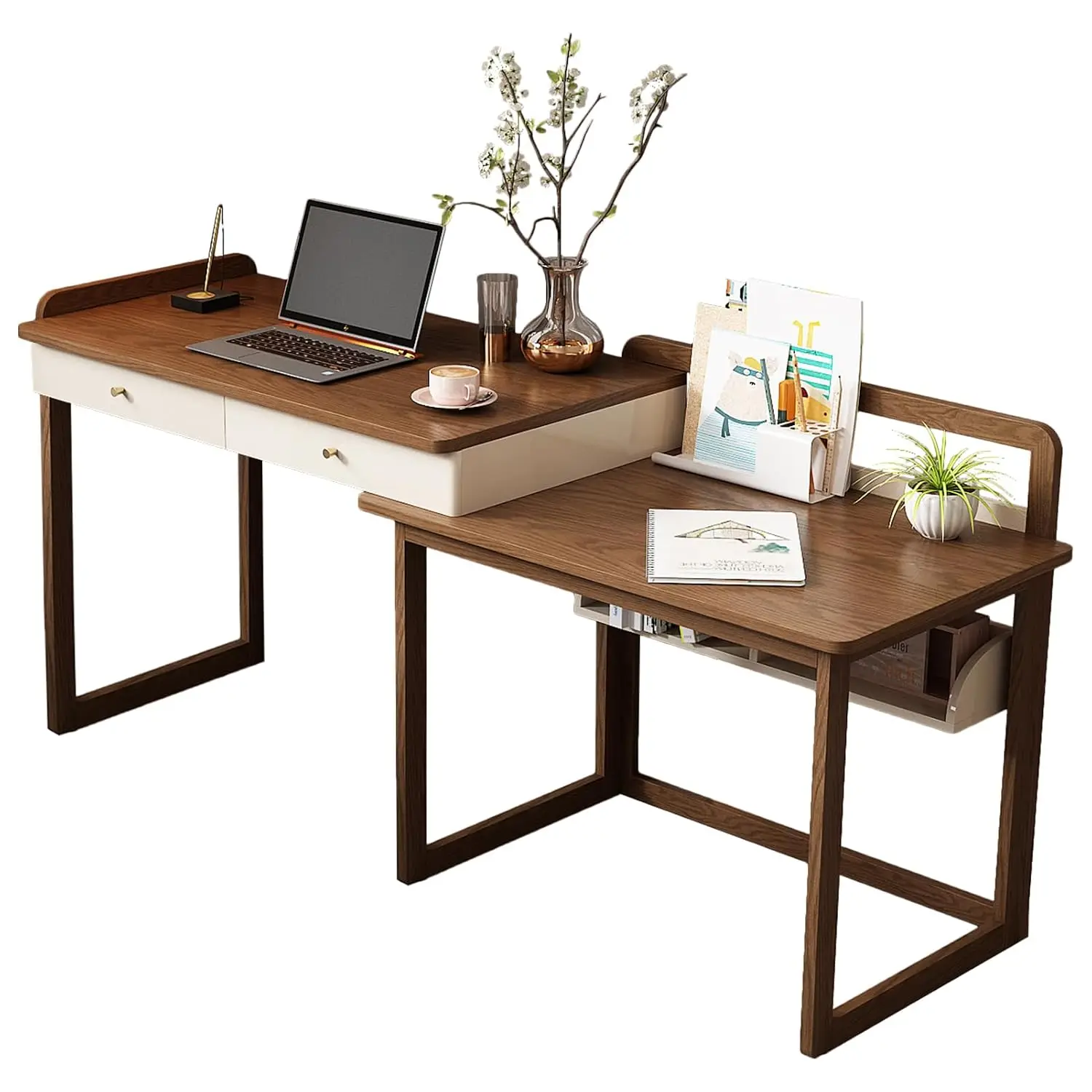Extendable Solid Wood Desk with Storage Side Unit, Multifunctional Workbench, Modern Office & Study Computer Table, Customized