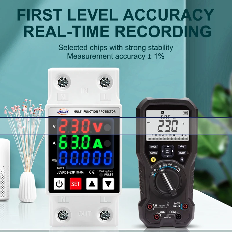 Energy Meter Digital Display Over Under Voltage Current Protection kWh Power Meter DIN Rail 63A Adjustable 220V 230V - view 6