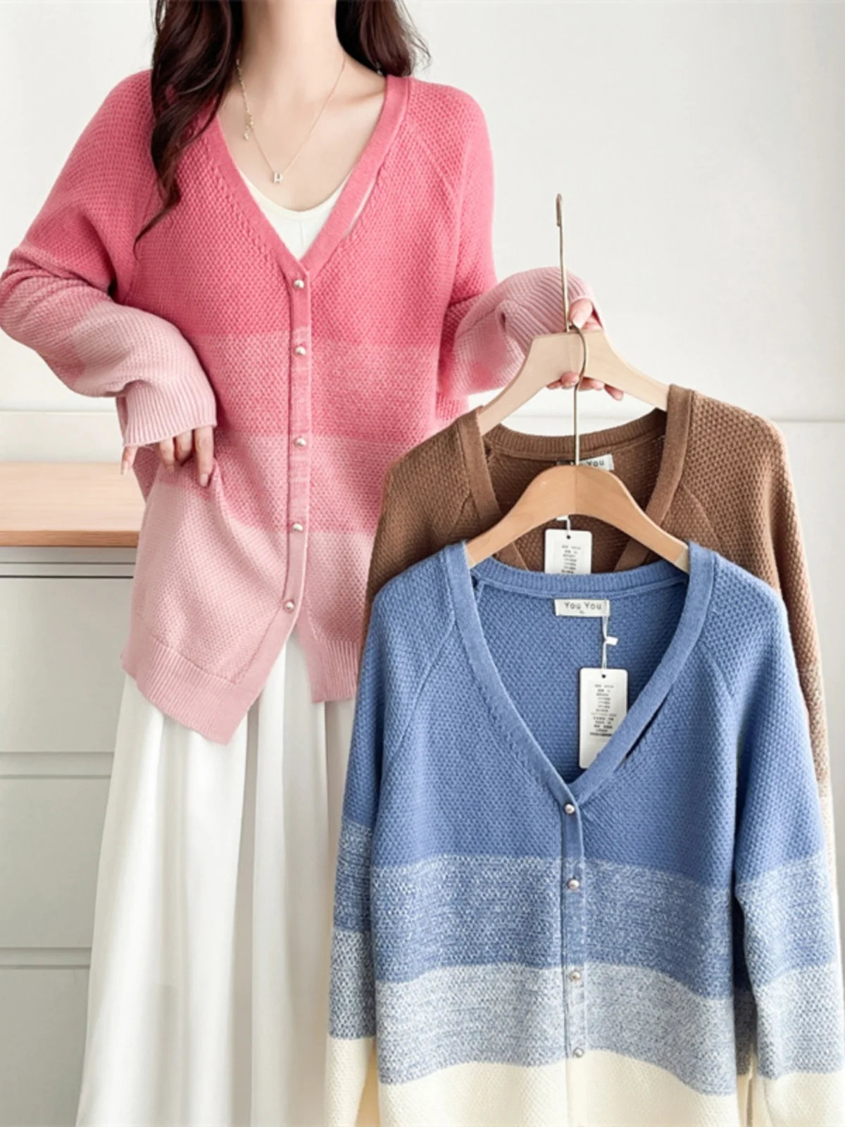 Loose Oversized Gradient Color Knitted Open Cardigan Korean Style Casual Outerwear Sweater Jacket for Autumn Winter