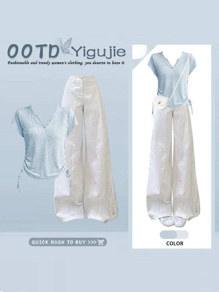 Lazy Style Gentle Age-Reducing Casual Summer Blue Drawstring Short Sleeve Top Lace Wide Leg Pants Two-Piece Set Women