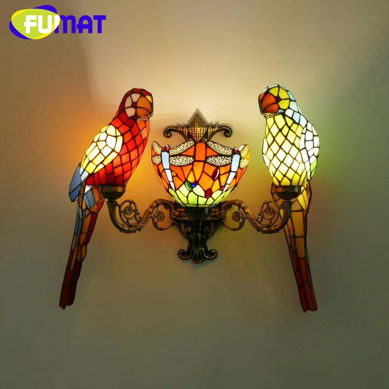 FUMAT Tiffany style stained glass retro Dragonfly parrot wall lamp for dining room bedroom bed corridor LED decor wall light