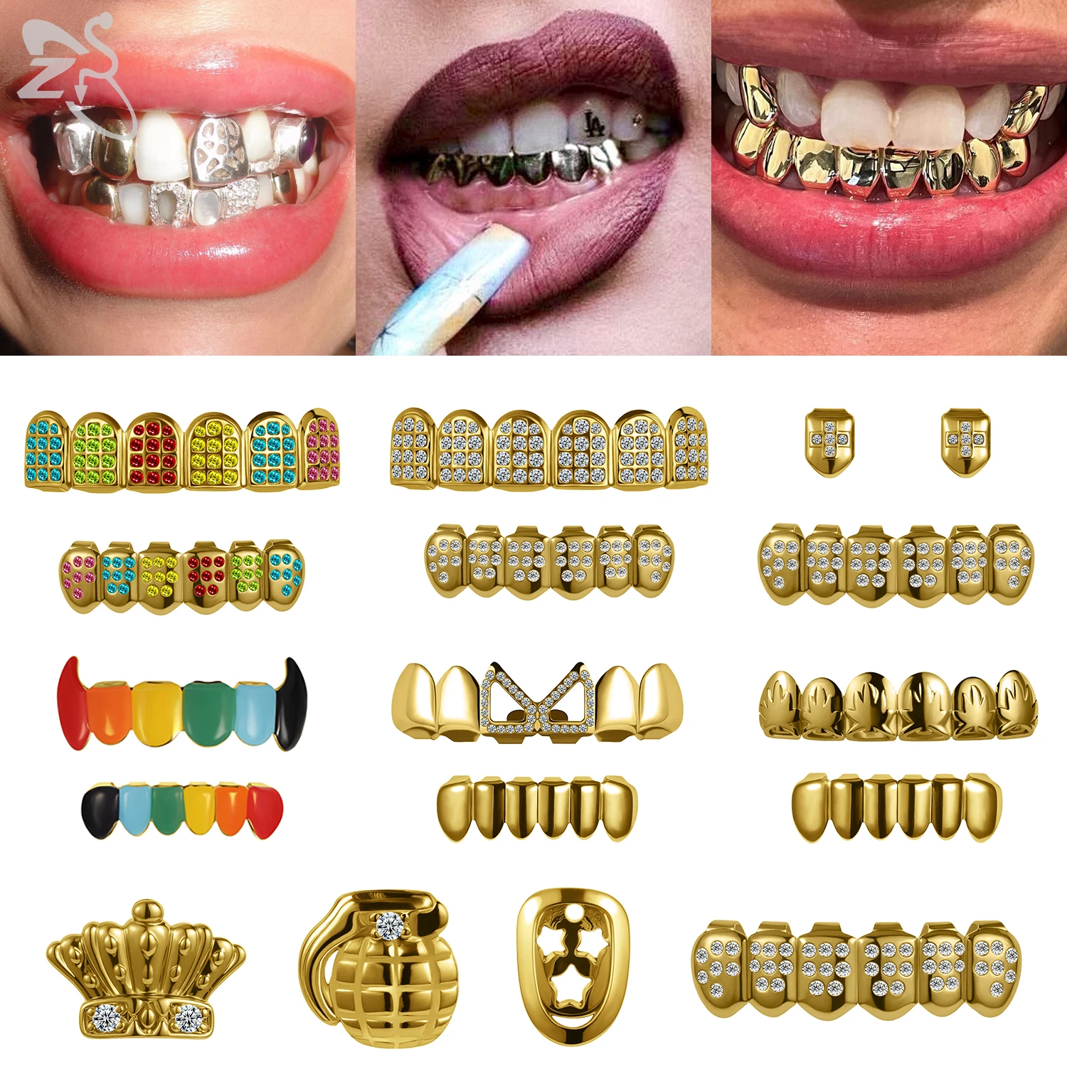 ZS 1 Set Hip Hop 18K Gold Plated Grillz Men Teeth Shiny CZ Crystal Cross Gap Grillz Colorful Zircon Top&Bottom Tooth Jewelry