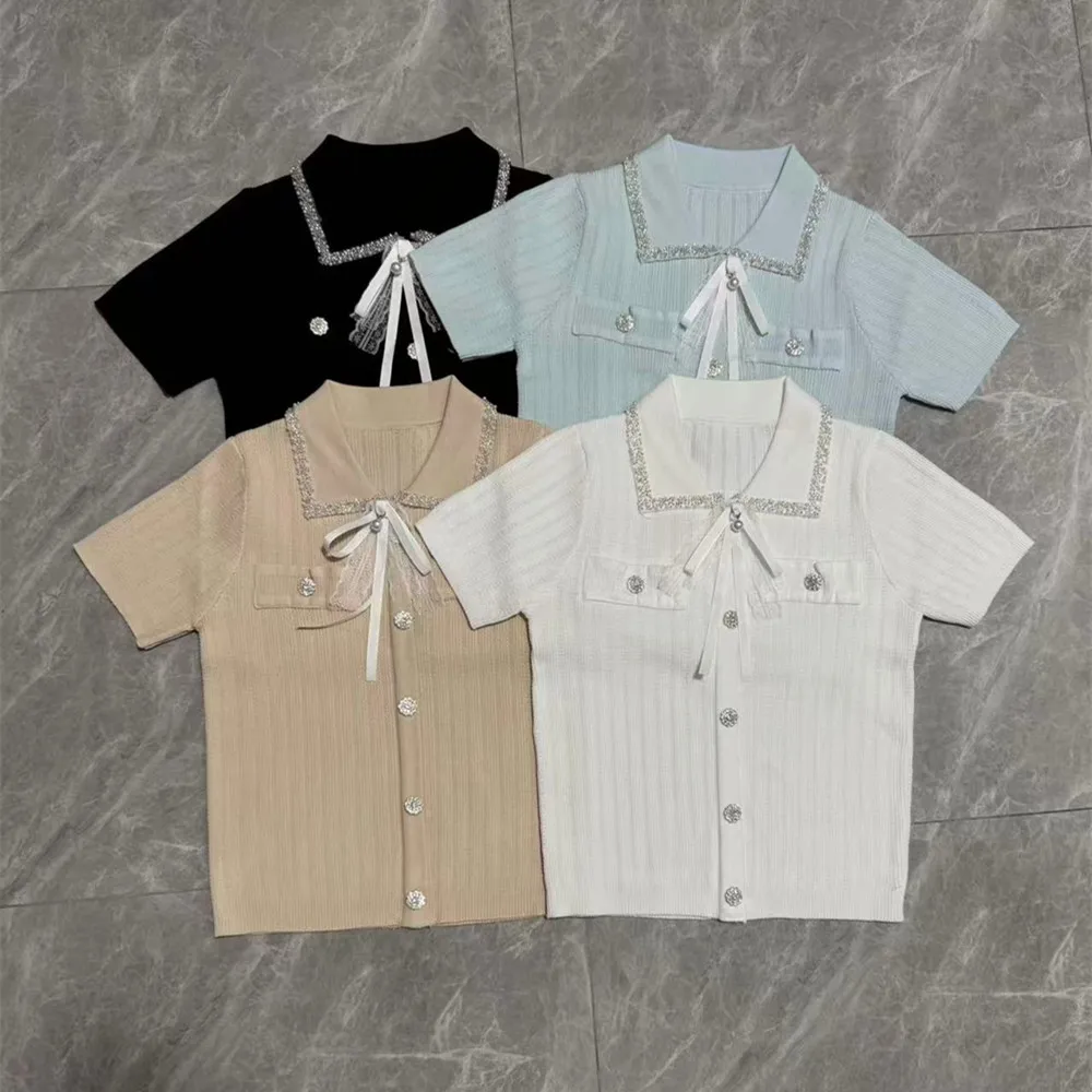 

2025 New Thin Pullover Female Sweater Simple Solid Vertical Beaded Button Lapel Bowknot Knitwear Tops Summer